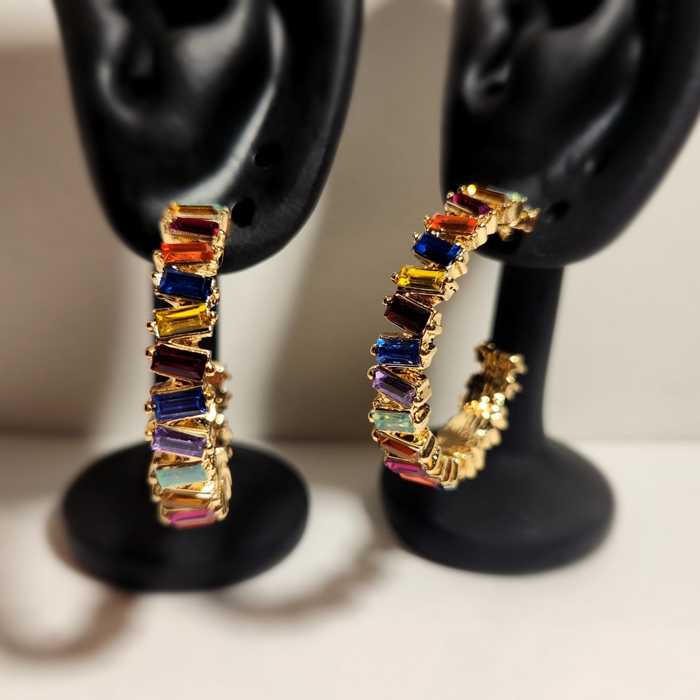 Gold Hoop Earrings with Multicolored Baguette Stones